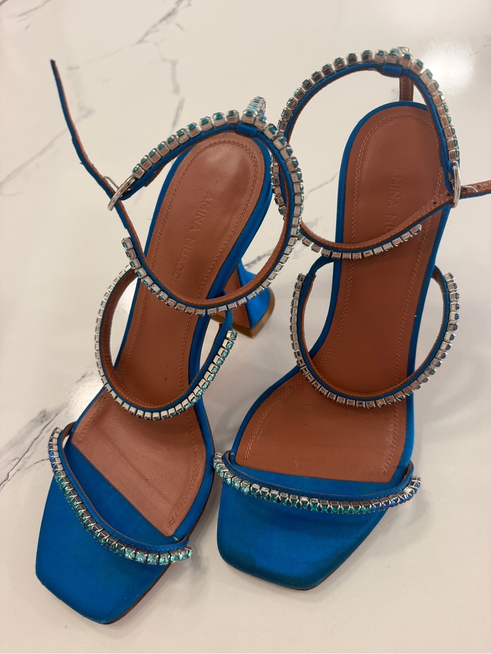 Amina Muaddi Blue Crystal-Embellished Strappy Heels